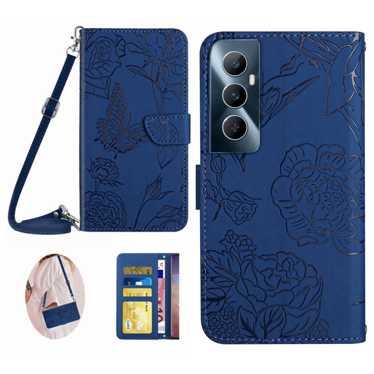 HT03 For Realme C65 4G Case Butterfly Pattern Skin-touch Feeling Leather Phone Cover with Shoulder Strap HT03 For Realme C65 4G Case Butterfly Pattern Skin-touch Feeling Leather Phone Cover with Shoulder Strap